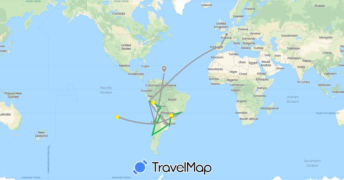 TravelMap itinerary: driving, bus, plane, train, hiking in Argentina, Bolivia, Brazil, Chile, Spain, France, Guadeloupe, Peru, Uruguay (Europe, North America, South America)
