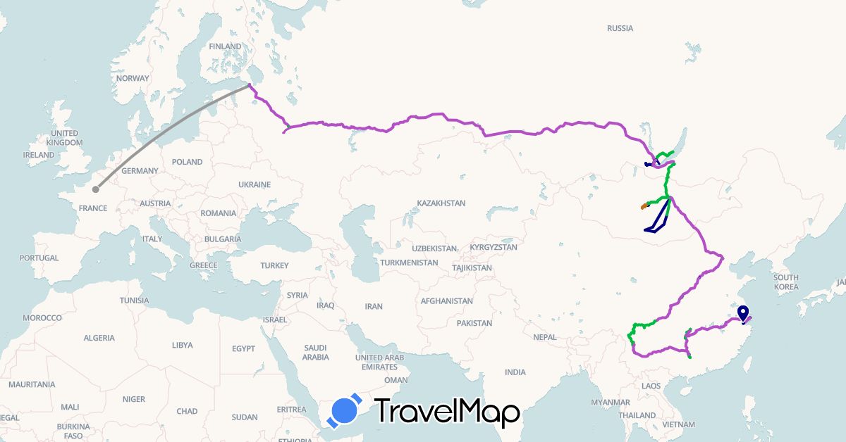 TravelMap itinerary: driving, bus, plane, train, hiking, cheval in China, France, Mongolia, Russia (Asia, Europe)